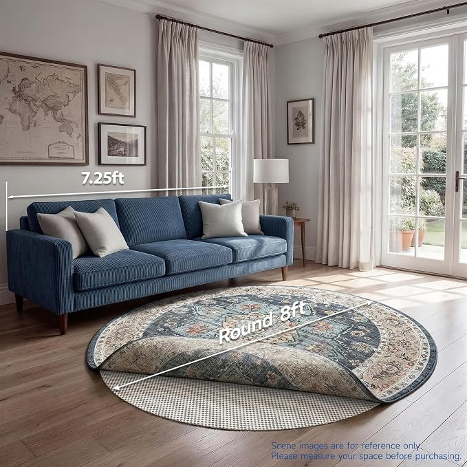 Veken 8 Ft Round Rug Pad Gripper for Hardwood Floors, Non Slip Circle Rug Pads for Area Rugs, Thick Rug Grippers for Tile Floors, Under Carpet Mat, with More Than 99 Pieces Anti-Slip Square Pattern