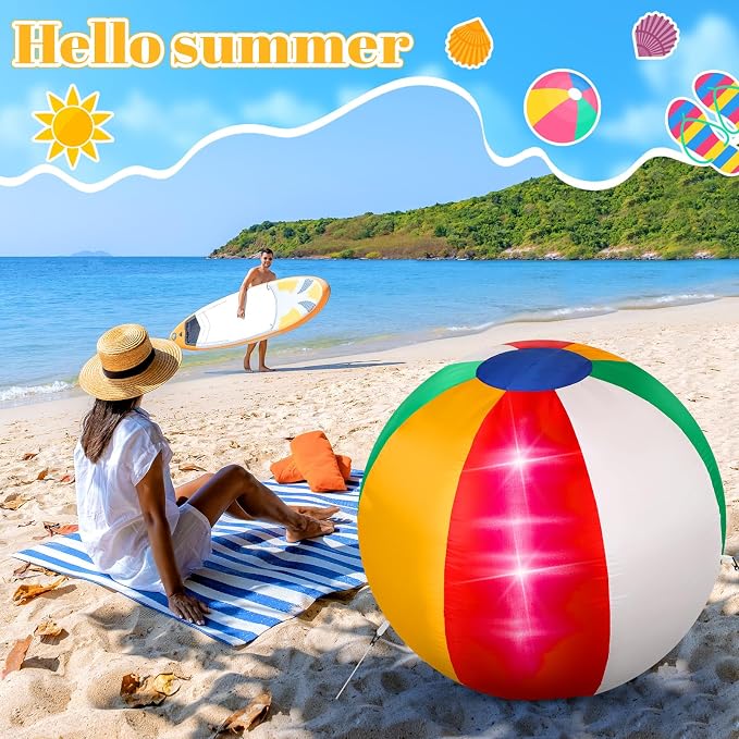 VIHOSE Summer Inflatable Beach Ball Outdoor Decoration 4 ft Summer Blow up Inflatable Pre-lit LED Lights Beach Party Decor for Outdoor Yard Garden Tropical Pool Decor Party Supplies