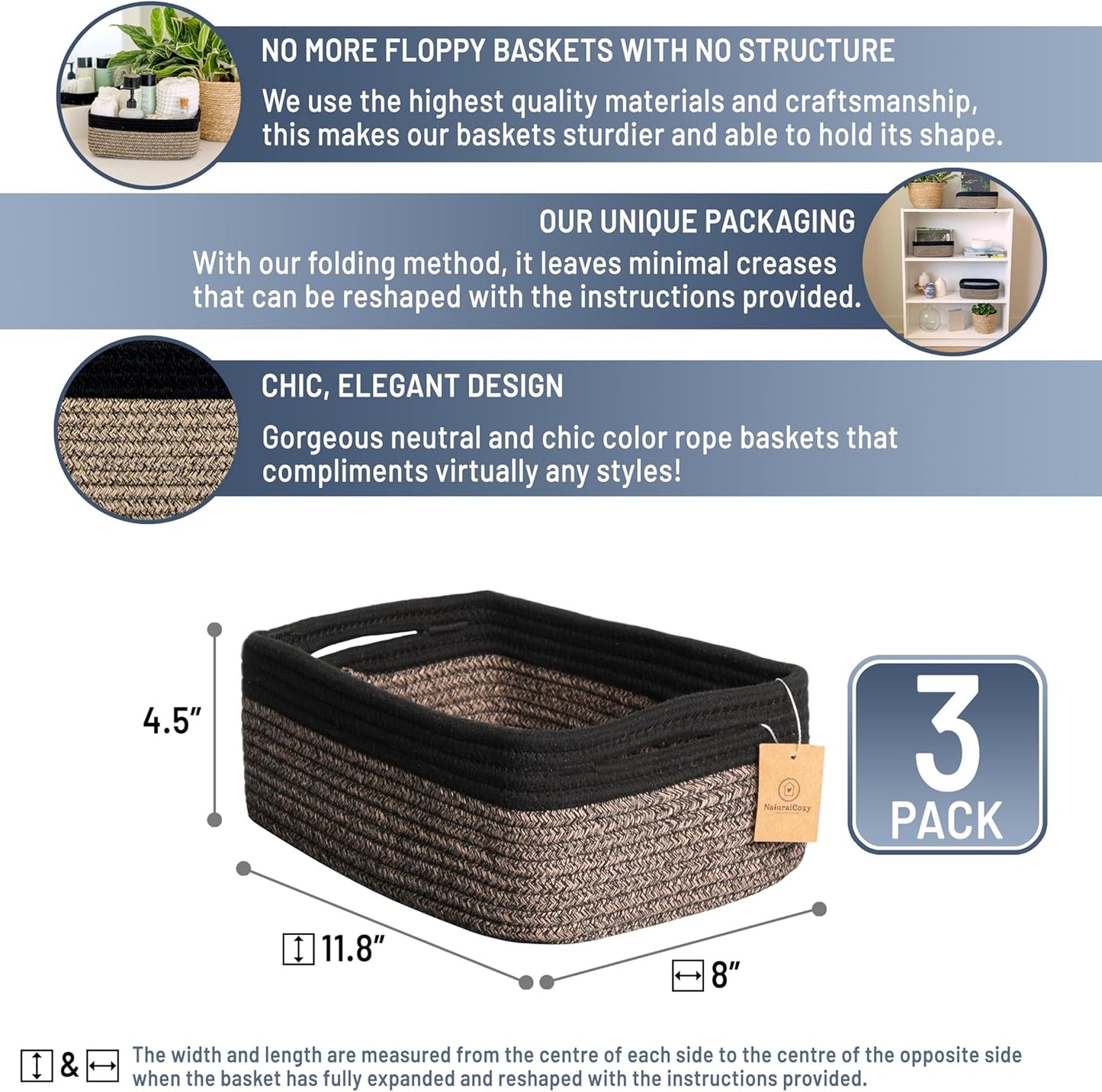 NaturalCozy 11.8"x8"x4.5” Rectangle Storage Baskets for Shelves 3 Pack | Cotton Rope Woven Small Baskets for Organizing | Small Storage Bins for Nursery, Bathroom, Closet, Shelf, Decorative, Gift