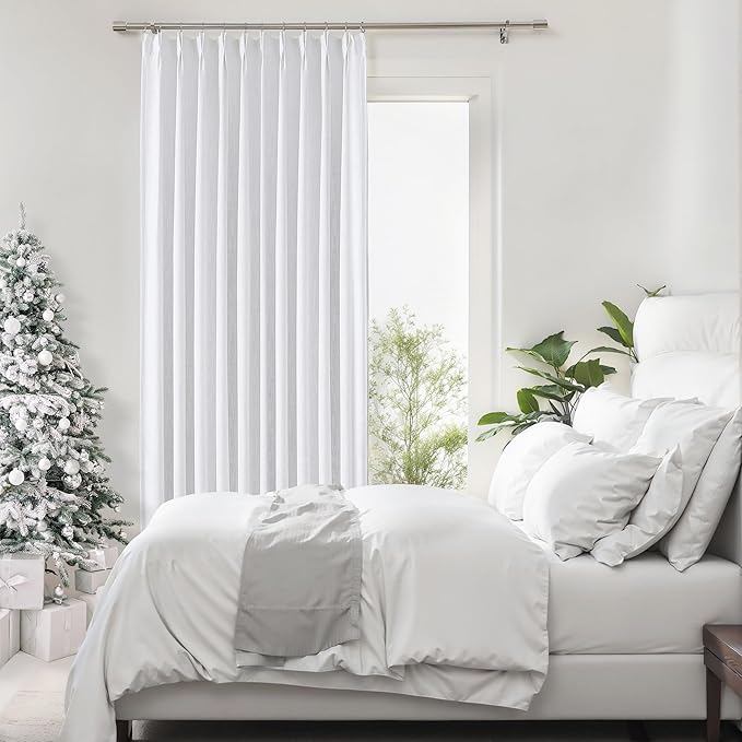 White Pinch Pleated Full Blackout Curtains Linen Texture Noise Reducing Window Treatment Panel 102 Inches Long for Living Room Bedroom Thermal Insulated Back Tab Drapes with Hooks, 1 Panel, 60"Wx102"L