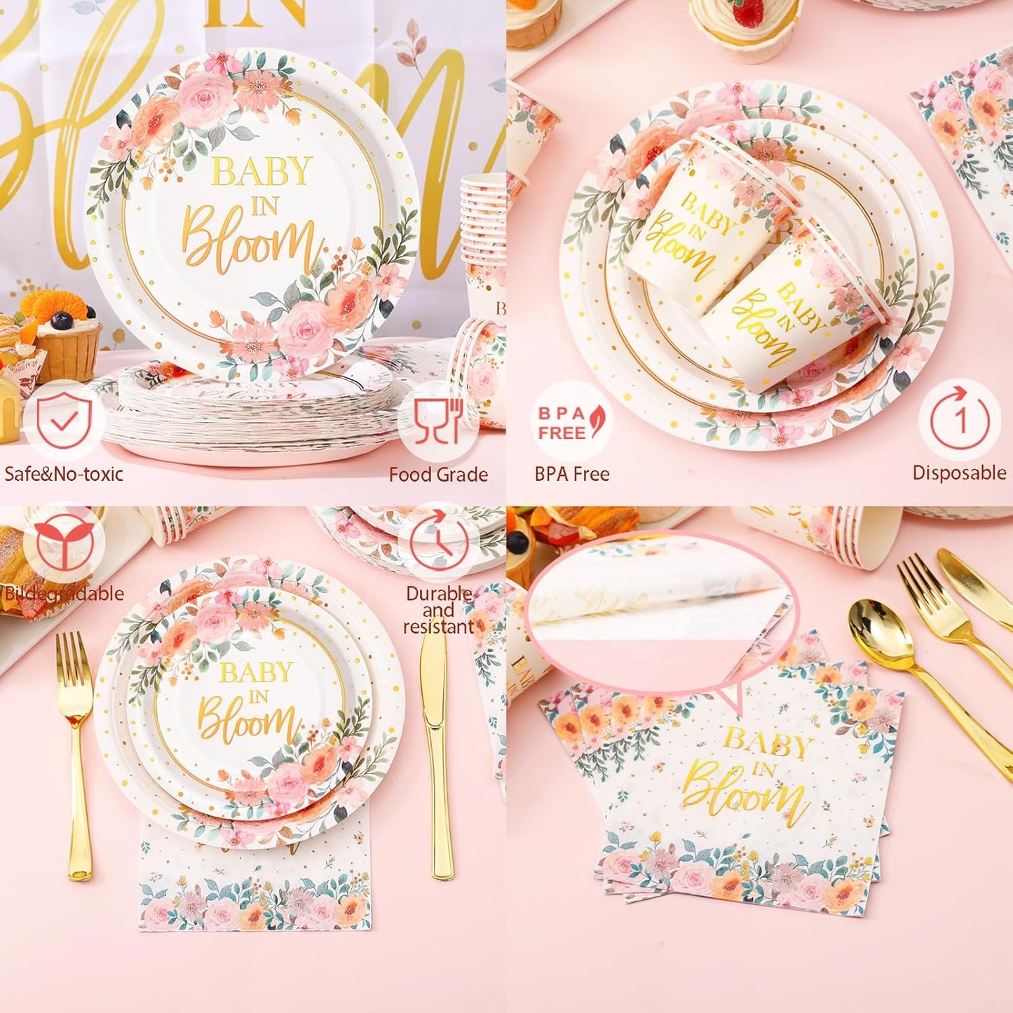 169 Pcs Baby in Bloom Baby Shower Decorations for Girl , Its a Girl Baby Shower Plates and Cups and Napkins Sets, Pink Floral Plates Serves 24, Spring Summer