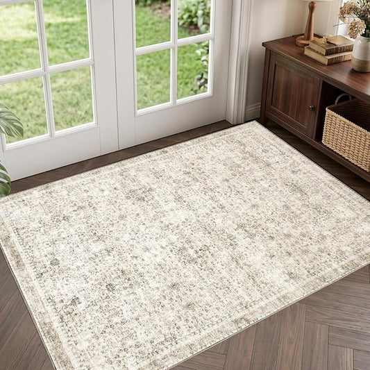 Sasttie 2x3 Rug, Ultra-Soft Washable Rug, Low Pile Foldable Thin Carpets with Non-Slip Backing, Skin-Friendly Stain Resistant Carpet for Living Room, Bedroom, Kitchen, Dorm, 2x3, Beige