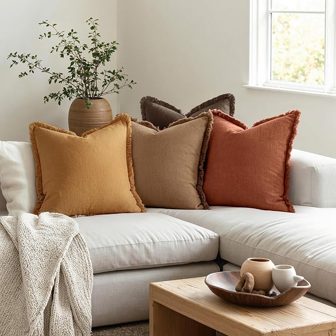 MIULEE Decorative Couch Pillow Covers Neutral Linen Fringe Throw Pillows Set of 4 Soft Rustic Cushions Boho Farmhouse Pillowcases for Bed Sofa Living Room Spring Decor 18x18 Inch Orange/Yellow