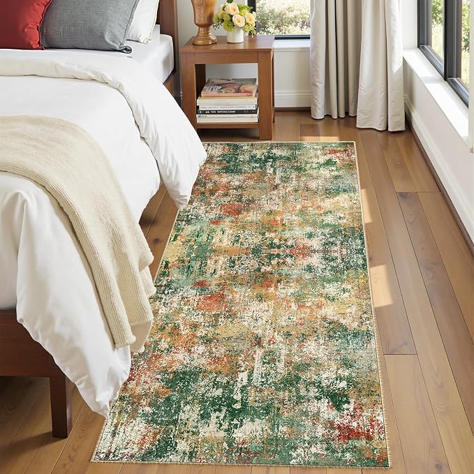 RELEANY Washable Area Rugs 2'x8' Non-Slip Modern Abstract Soft for Living Room Entryway Bedroom Kitchen, Print Pattern, Green Orange Rust Red Cream Colorful
