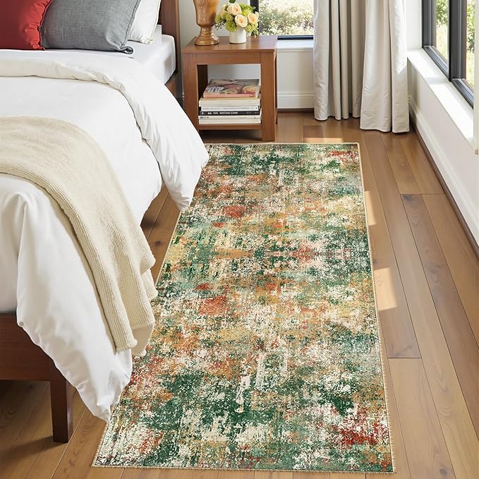 RELEANY Washable Area Rugs 2'x6' Non-Slip Modern Abstract Soft for Living Room Entryway Bedroom Kitchen, Print Pattern, Green Orange Rust Red Cream Colorful