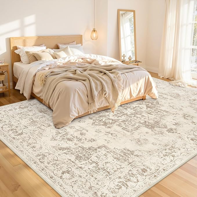 10x12 Area Rug for Living Room: Vintage Boho Neutral Washable Rug Indoor Soft Large Area Rug Carpet for Bedroom Nursery Farmhouse Dining Room Office Floor Non-Slip Low Pile Under Table Rug Beige/Ivory