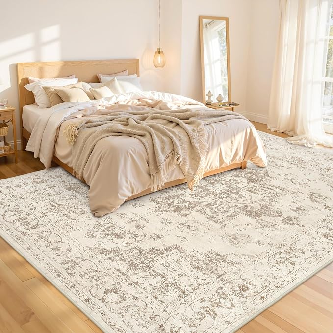 8x10 Area Rugs for Living Room: Vintage Boho Neutral Washable Rug Indoor Soft Large Area Rug Carpet for Bedroom Nursery Farmhouse Dining Room Office Floor Non-Slip Low Pile Under Table Rug Beige/Ivory