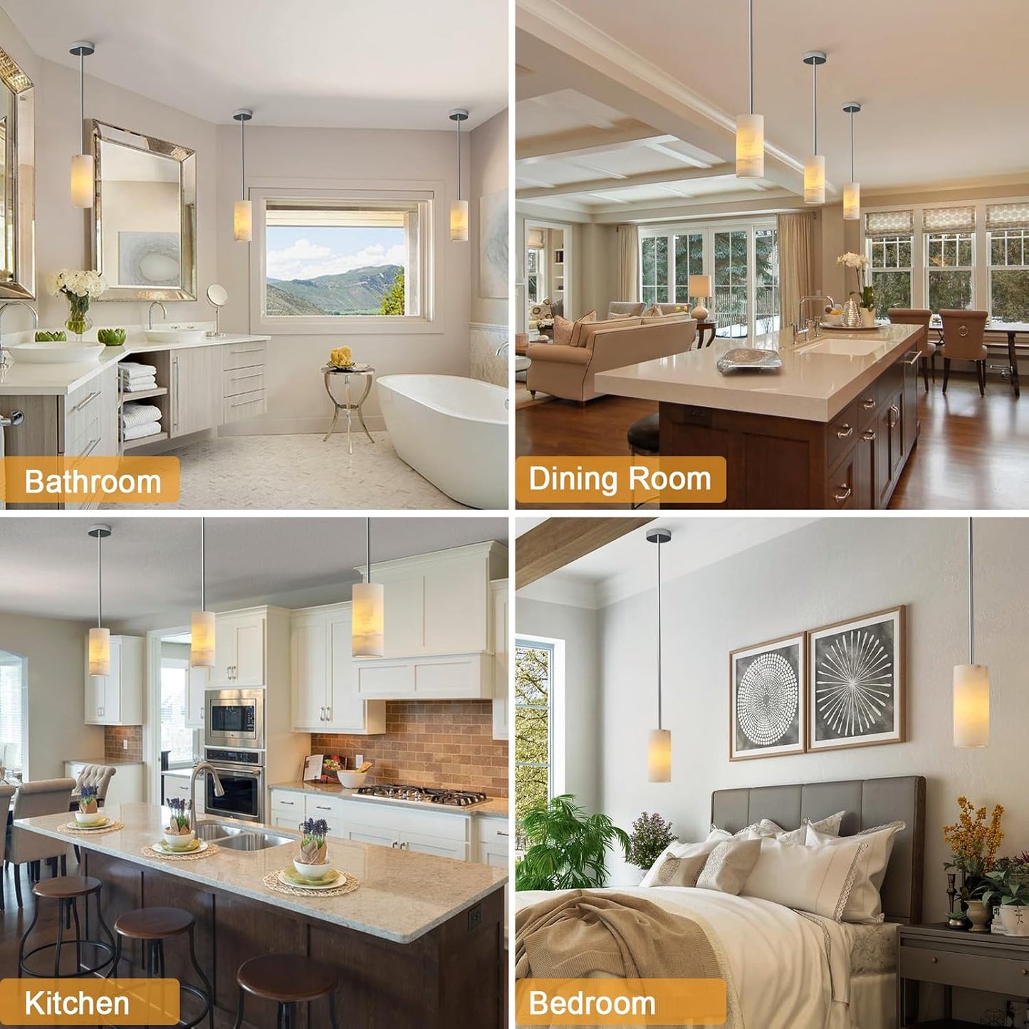 Alabaster Pendant Lights Kitchen Island, Nickel Hand Carved Alabaster Cylinder Pendent, Spanish Natural Marble Light Pendant for Bedroom Bathroom Dining Room Living Room- 3 PC