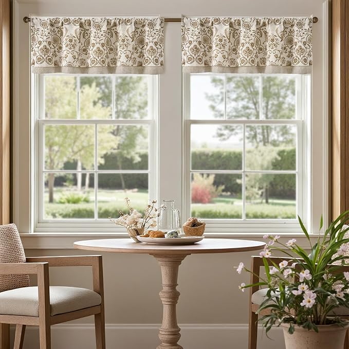 jinchan Linen Valance Kitchen Curtain Pack of 2 Double Layer 18 Inch for Living Room Bedroom Window Treatment Light Filtering Vintage Farmhouse Cottagecore Rod Pocket 2 Panels Taupe on Beige