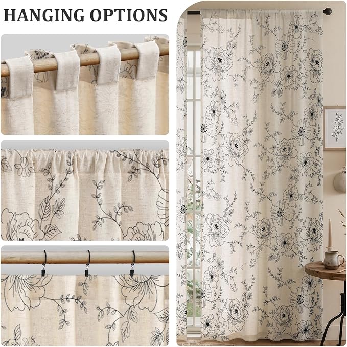 Boho Floral Curtains, Vintage Farmhouse Curtains 84 Inches Long, Black Cottage Core Flower 2 Panels