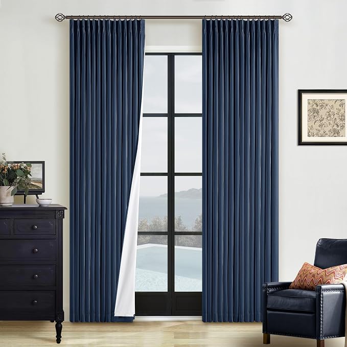TWODRAPES Navy Pinch Pleated 100% Blackout Linen Curtains for Bedroom 84 Inch Length Room Darkening with Liner Dark Blue Window Curtains 84 Inches Long for Living Room Black Out Pleat Drapes Back Tab