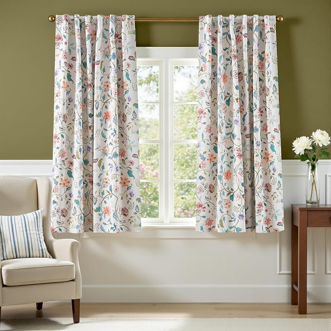 jinchan Hattie Beige Floral Blackout Curtains 63 Inch Length – Room Darkening Vintage Curtains Cream Botanical Drapes for Living Room & Bedroom, Elegant Farmhouse Window Panels, Set of 2 Panels