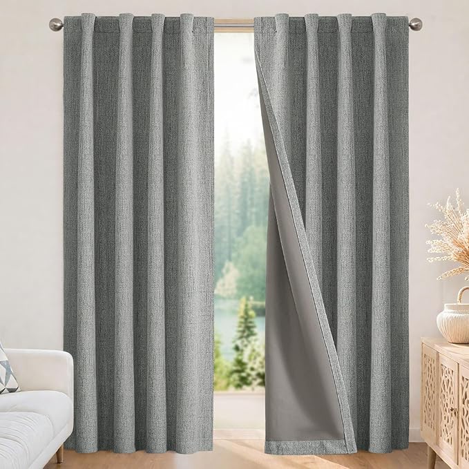 Joydeco Blackout Curtains for Bedroom - 100% Light Blocking 2 Panels Light Grey Drapes 42" W x 90" L, Thermal Insulated Room Darkening Curtains, Linen Textured for Living Room, Rod Pocket & Back Tabs