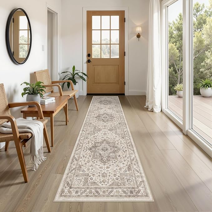 Vintage Hallway Runner Rug 2x8: Large Soft Washable Entryway for Kitchen Laundry Room Non-Slip Backing Runner for Entrance Living Room Bedroom Bathroom - Light Brown
