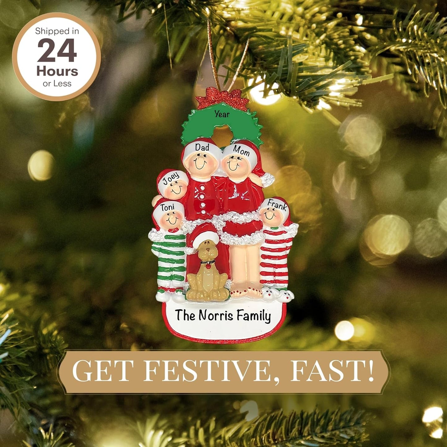 Personalized Family of 5 with Dog Ornament 2025 | Free 24h Customization | Christmas Ornaments for Tree | Custom Gift Wrapped Pet Keepsake for Dog-Lovers