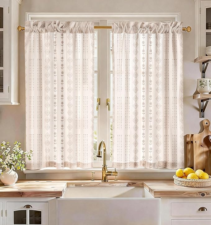 Miss Adola Farmhouse Kitchen Tier Curtains - 45 Inch Length Linen Blend Boho Cafe Curtains Striped Beige Small Window Treatments Over Sink Rod Pocket for Bathroom Living Room Light Filtering, 2 Panels