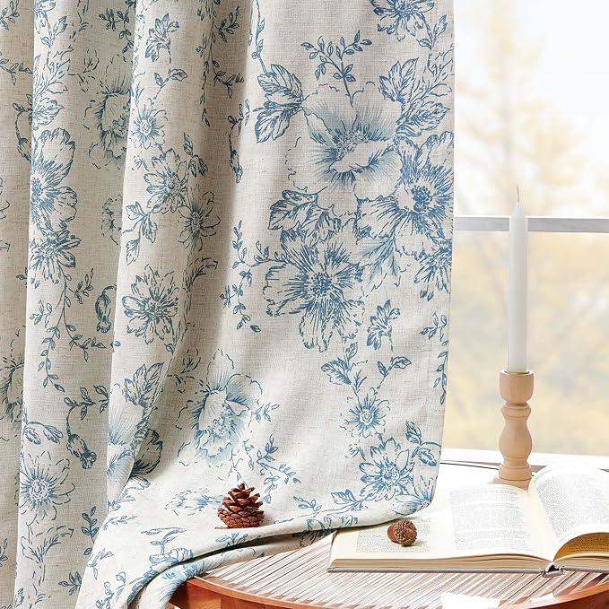 jinchan Blackout Floral Curtains for Living Room Bedroom Linen Blend Curtain Farmhouse Blue Printed with Lined Back Tab Rod Pocket Drapes Window Treatments 2 Panels 63 Inch
