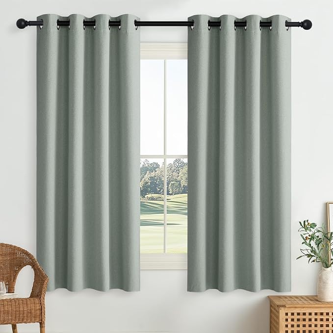 NICETOWN Full Shade Faux Linen Curtains 63 inches Long for Bedroom, Pair of Energy Smart & Noise Blocking 100% Blackout Drapes, Thermal Insulated Window Treatments for Night Shift Workers, Sage Green
