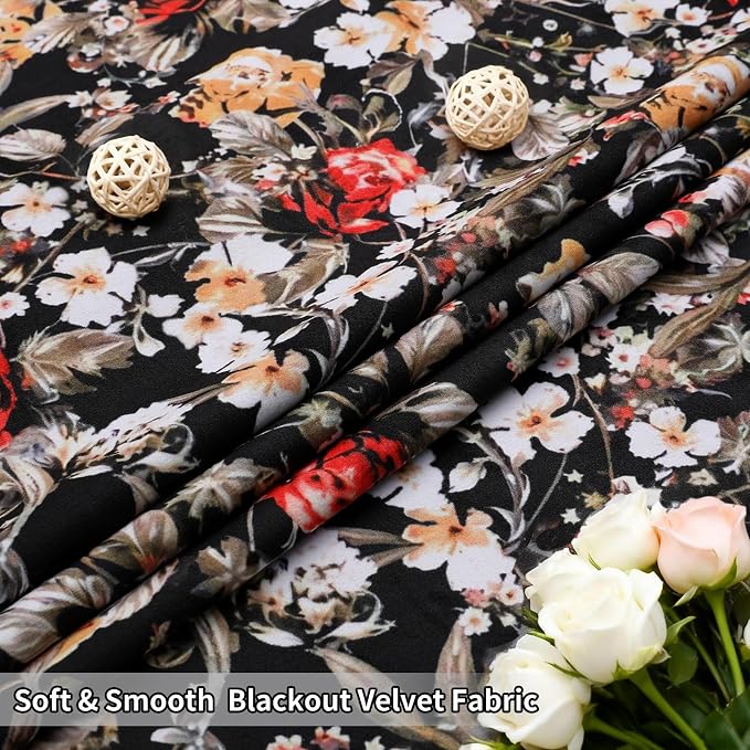 Estelar Textiler Black Velvet Blackout Curtains 63 Inches Long for Bedroom, Boho Floral Pattern Curtains, Thermal Insulated Energy Saving Light Blocking Grommet Drapes for Living Room,52Wx63L,2 Panels
