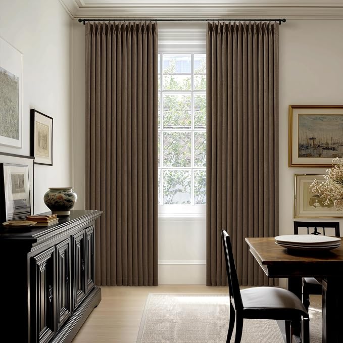 Pleated Blackout Brown Curtains 96 Inches Long 2 Panels Set for Bedroom Living Room Darkening Linen Blend Back Tab Pinch Pleat Memory Shape with Liner Soundproof 96 Inch Window Curtains Dutch Cocoa