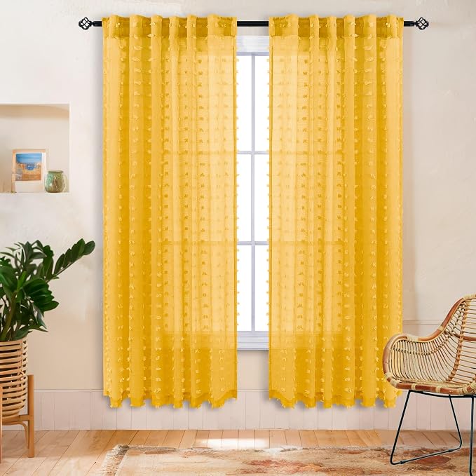 DANCURTON Pom Pom Mustard Yellow Sheer Curtains 63 Inch Length for Bedroom Decor Set of 2 Panels Semi Sheer Gold Yellow Drapes for Bay Window Kitchen Kids Nursery Girls Room Back Tab Rod Pocket 52x63
