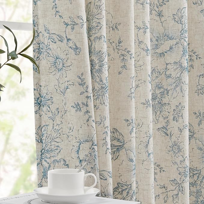 jinchan Floral Linen Curtains with Lined for Living Room 84 Inches Long Farmhouse Vintage Blue Peony Flower Printed Curtains Rod Pocket Back Tab Drapes Bedroom Window Treatments 2 Panels