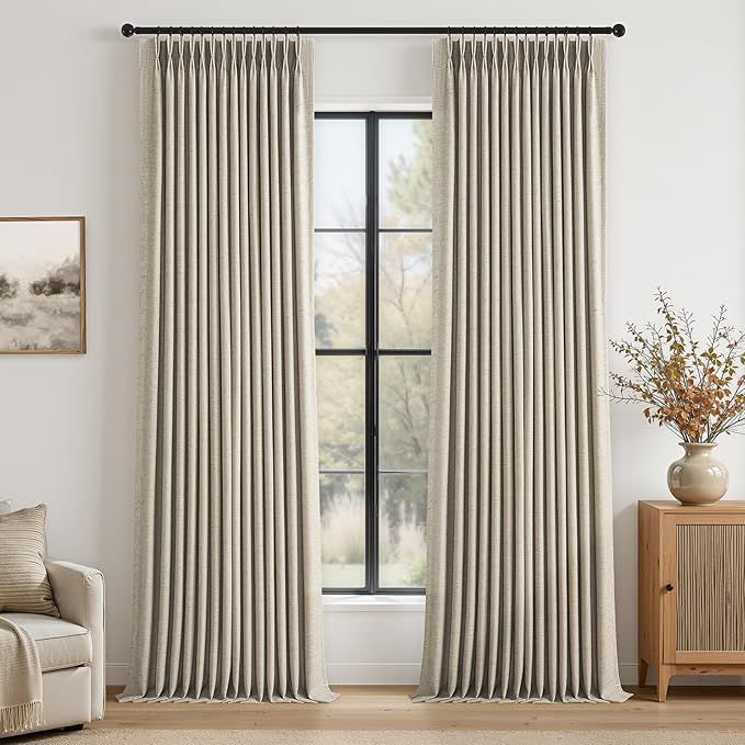 Pinch Pleated Full Blackout Linen Curtains 120 Inch for Bedroom Living Room,Fall Burlywood Double Layer Linen Blended Room Darkening Back Tab Pinch Pleat Drape with Hooks Rings 2 Panel 40"Wx84"L