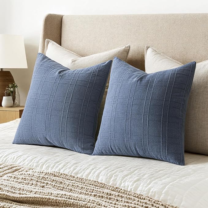 MIULEE Decorative Linen Check Throw Pillow Covers Neutral Farmhouse Vintage Pillow Covers 16x16 Set of 2 Boho Modern Home Decor for Sofa Couch Bedroom Cushion Blue