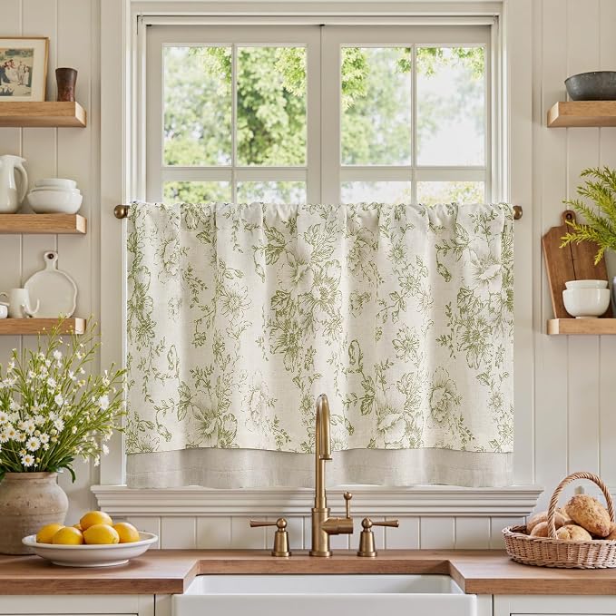 jinchan Linen Kitchen Curtain 24 Inch French Floral Double Layer Curtain Farmhouse Vintage Tier Drape Rustic Half Window Curtain for Living Room Window Treatment Rod Pocket 1 Panel Green on Beige