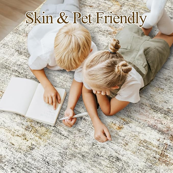 Soalmost 5x7 Area Rugs Gray Rust Low Pile Indoor Washable Trendy Faded Style Rugs for Bedroom Living Room Dining Room Foldable Non-Slip Thin Print Mat
