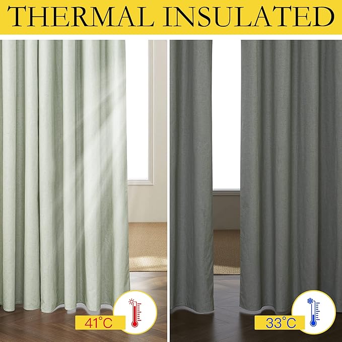 NICETOWN Sage Green High-End Thermal Flax Linen Curtains, Full Blackout Privacy Drapes 72" Long for Dining Room, Soundproof Window Treatment Panels for Hall Room, 52" Wide Per Panel, Set of 2