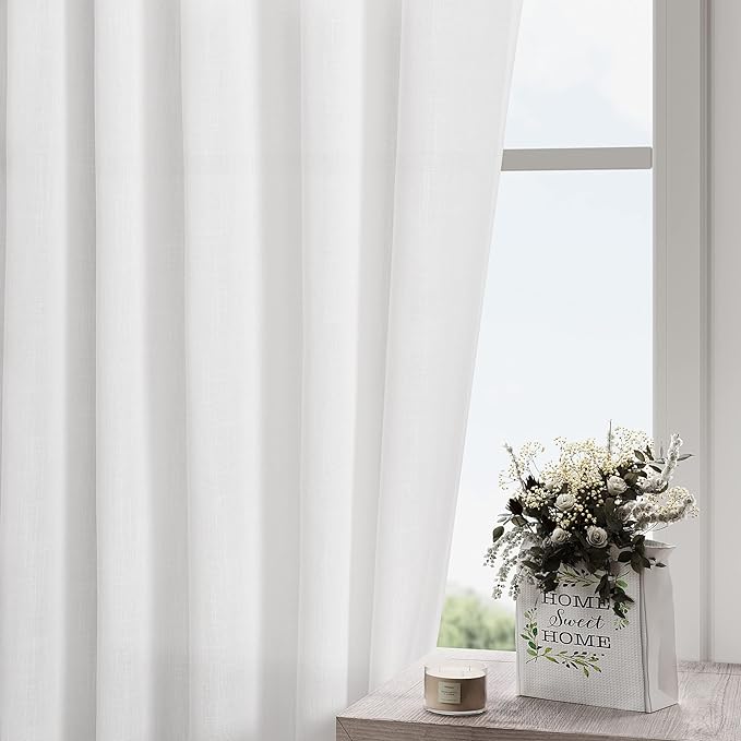 Nanspring White Linen Curtains Back Tab Rod Pocket Sheer Drapes 97 Inches Long for Living Room 2 Panels Set Neutral Semi Sheer Light Filtering Curtains for Farmhouse Dining Room 52x97