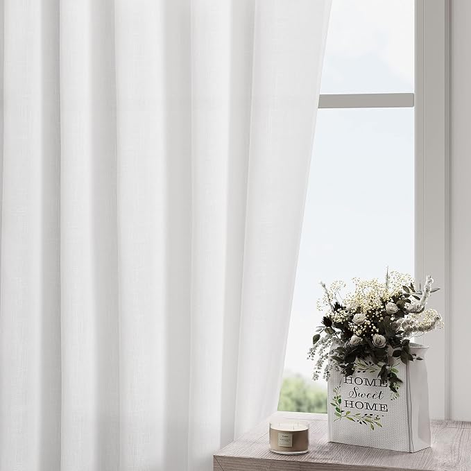 Nanspring White Linen Curtains 2 Panels Set for Living Room 192 Inches Long Back Tab Extra Long Curtains Farmhouse Light Filtering Semi Sheer Linen Drapes Ceiling to Floor for Large Window 52x192