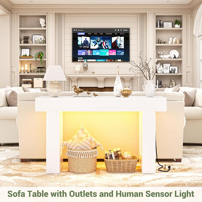 Unikito 47" Entryway Table with Socket and Sensor Light, Narrow Console Table with Storage Behind Couch, Farmhouse Entry Way Tables with Open Storage for Entrance/Hallway/Living Room, White