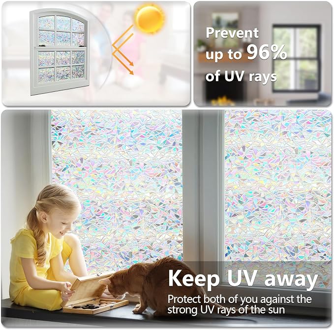 Lemon Cloud Window Privacy Film, Stained Glass Window Stickers, Decorative Rainbow Static Cling for Sun Blocking, Window Covering Prism Film, No Glue Anti-UV Tint, Half Moon Pattern, 17.5" x 157.4"