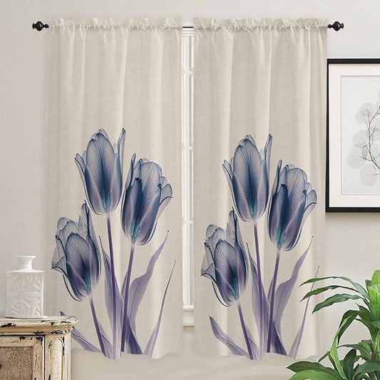 Kitchen Tier Curtains 72 inches Long, Abstract Transparent Blue Flower Tulip Cotton and Linen Texture Curtains for Living Room Bath,Rod Pocket Light Filter Drapes Half Window Treatment Tiers 2 Panels