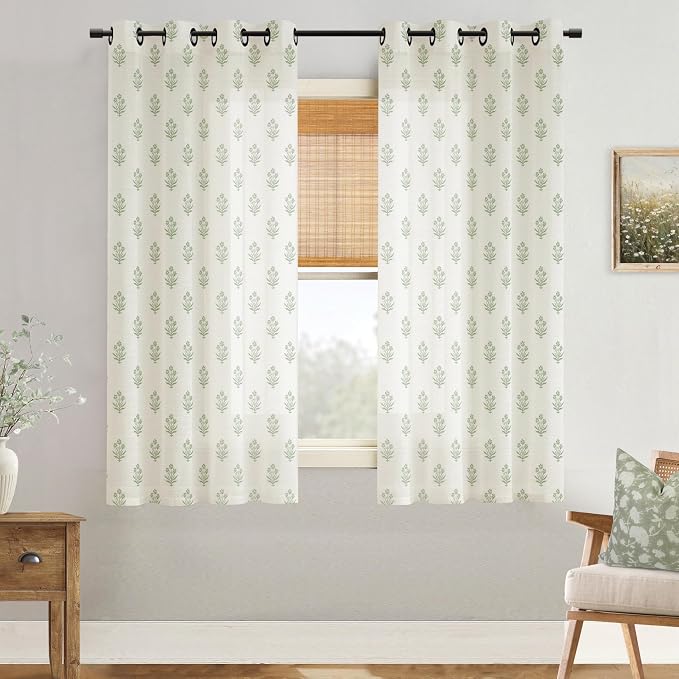 Sage Green Floral Cottagecore Curtains 63 Inch Length, Off White and Green Botanical Patterned Semi Sheer Drapes for Living Room Bedroom Dining Laundry Room Windows, Cortinas Verdes para Sala