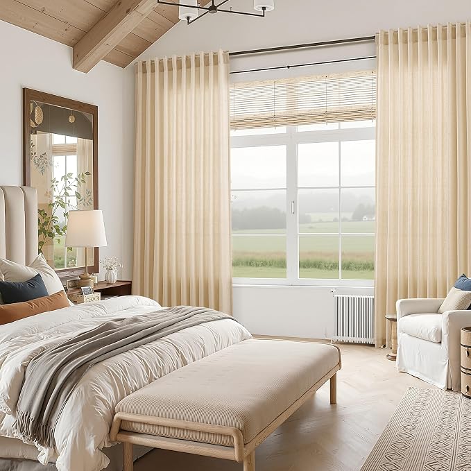 Nanspring Tan Semi Sheer Curtains 72 Inches Long for Bedroom Back Tab Rod Pocket Light Filtering Privacy Drapes Cotton Linen Textured Farmhouse Living Room Curtain 52X72 Inches,2 Panels