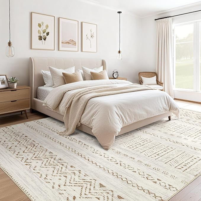 cotiled 5x8 Area Rugs Living Room Rug: Washable Boho Rugs with Non Slip Backing Large Soft Indoor Stain Resistant Carpet for Bedroom Farmhouse Dining Room Lightweight Home Decor Brown/Cream