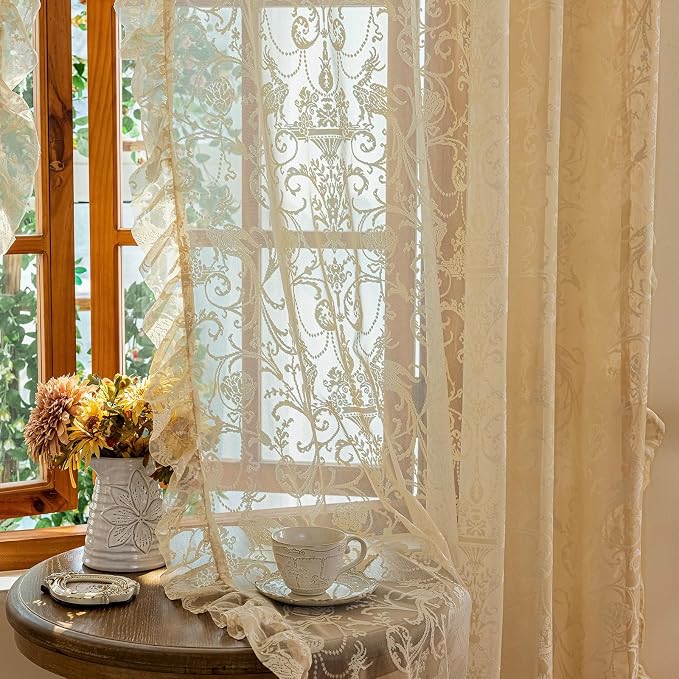 TUDECO Beige Lace Kitchen Curtains 45 Inch Length - Rustic Floral Half Cafe Short Lace Curtains, Small Voile Drapes for Small Bathroom Window Privacy Ruffle Edges Rod Pocket 2 Panels, 59 x 45 Inch