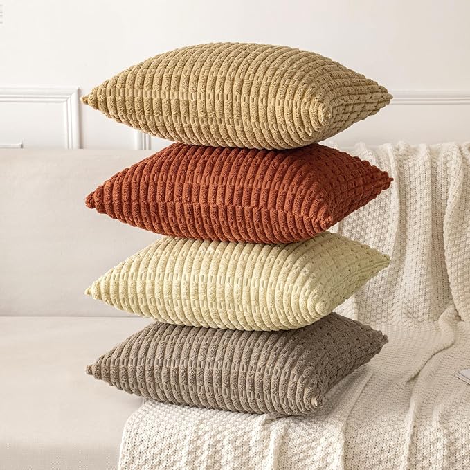 MIULEE Fall Pack of 2 Dark Rust Corduroy Decorative Euro Sham Pillow Covers 22x22 Inch Soft Boho Striped Throw Pillow Covers Modern Farmhouse Home Decor for Sofa Living Room Couch Bed