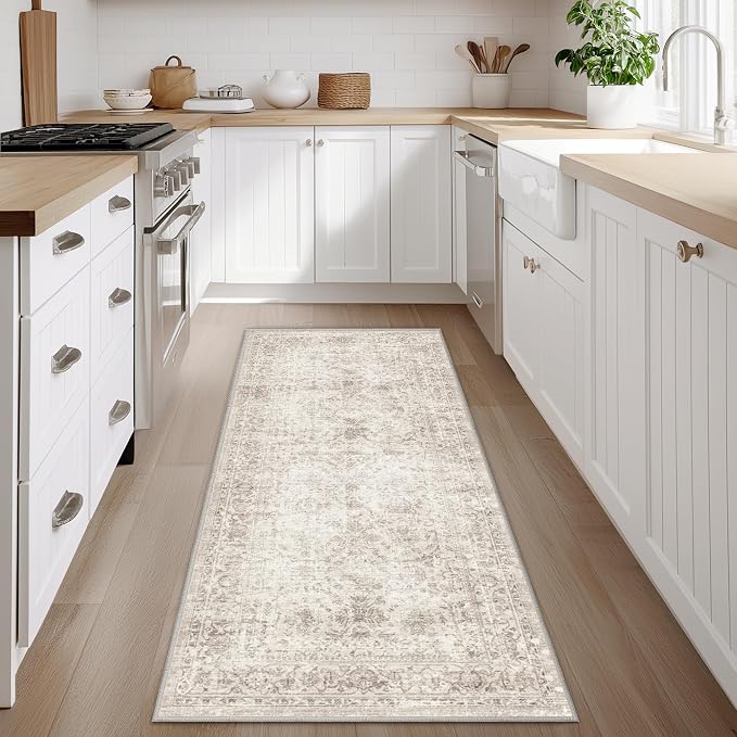 FMFUNCTEX 2x10 Runner Rug Beige Washable Vintage Neutral Distressed Non Slip Low Pile Indoor Carpet Retro Floral Hallway Entryway Rug for Kitchen Living Room Bedroom Bathroom Laundry Entry Bedside