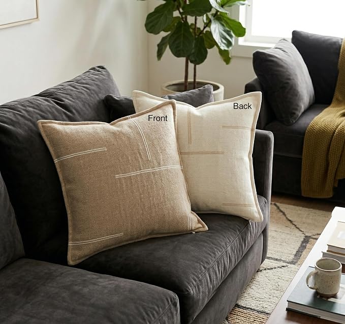 SanVia Cotton Throw Pillow Covers 20x20 – Handwoven Jacquard Texture, Fade-Resistant, No Pilling – Hidden Zipper, Decorative Cushion Cover for Sofa, Couch, Bed – Insert Not Included (Modern, Beige)