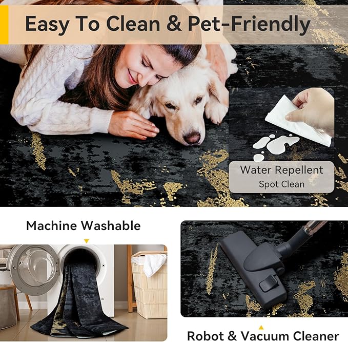 RELEANY Washable Area Rugs 5'x7' Non-Slip Modern Abstract Soft for Living Room Entryway Bedroom Kitchen, Print Pattern, Dark Black Gold