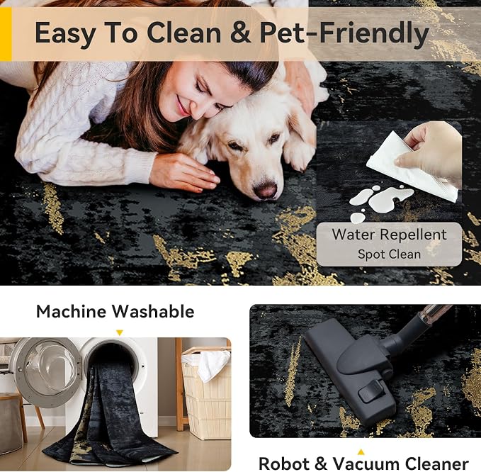 RELEANY Washable Area Rugs 6'x9' Non-Slip Modern Abstract Soft for Living Room Entryway Bedroom Kitchen, Print Pattern, Dark Black Gold