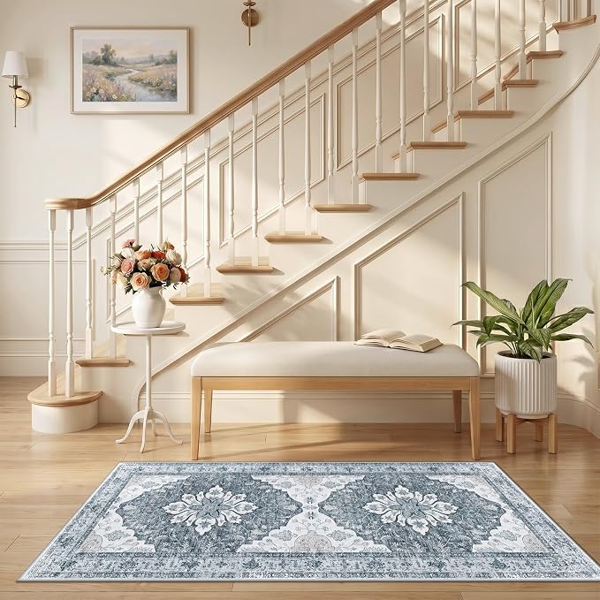 RELEANY Area Rugs Runner 2'6"x5' Washable Non-Slip, Floral Vintage Distress Medallion Carpet for Kitchen Hallway Bedroom Beside Laundry Room Bathroom, Light Gray Grey White
