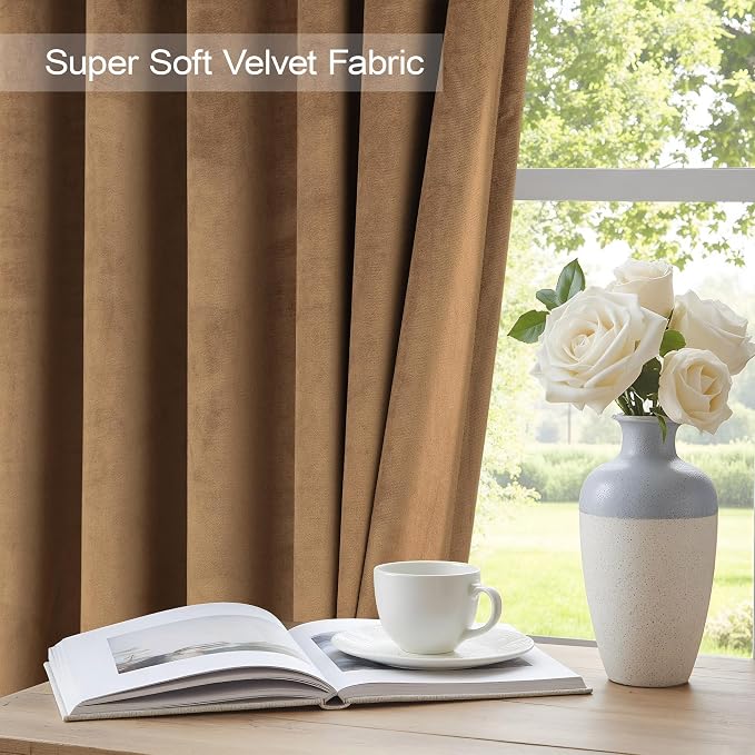 90 Inch Long Curtains Velvet Gold Brown Modern Farmhouse Thermal Curtain for Summer Heat Vintage Boho Rustic Neutral Elegant Fall Drape for Bedroom Dining Room Darkening Mid Century Decor 2 Panels Set
