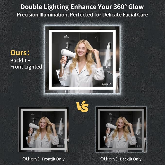 40"x36" LED Bathroom Mirror with Lights, Backlit + Front Lit with CRI>90, Lighted Mirror for Bathroom, Anti-Fog, Dimmable Brightness, 3 Colors, Memory Function, Shatterproof Tempered Glass