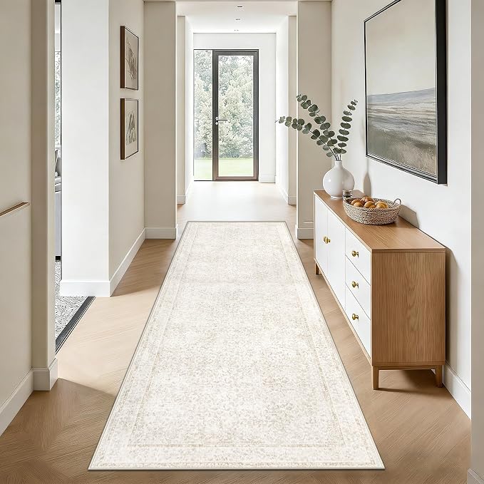 2x8 Hallway Runner Rug: Washable Vintage Floral Entryway Rugs Low Pile Non-Slip Boho Carpet for Kitchen, Bedroom, Bathroom, Dining Room (FloralBeige, 2'x8')