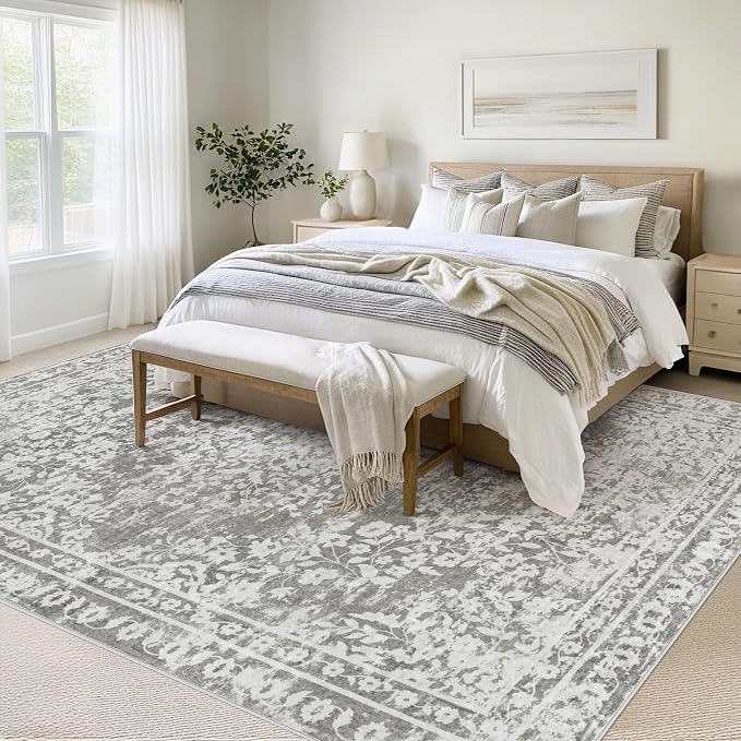 Vintage Living Room Area Rug - 8x10 Large Machine Washable Boho Area Rug Distressed Floral Rugs for Bedroom, Soft Non-Slip Indoor Floor Accent Rugs for Office Dining Room (Floral Grey, 8'x10')